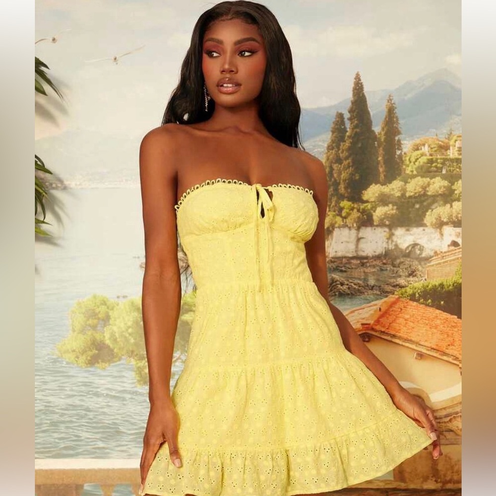 SHEIN Yellow Strapless Eyelet Dress